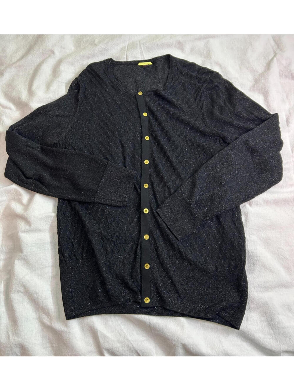 Dana Buchman Black Glitter Cardigan Sweater Size L Gold Button Up Shimmer Knit